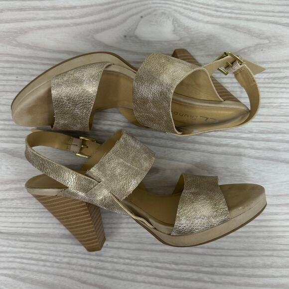 CL by Laundry Heeled Sandals SZ 7.5 Gold Buckled Ankle Strap Cone Heel Slingback - Picture 6 of 8